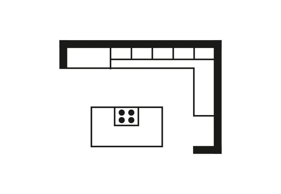 Grundriss einer Küche mit Kochinsel und Oberschränken.